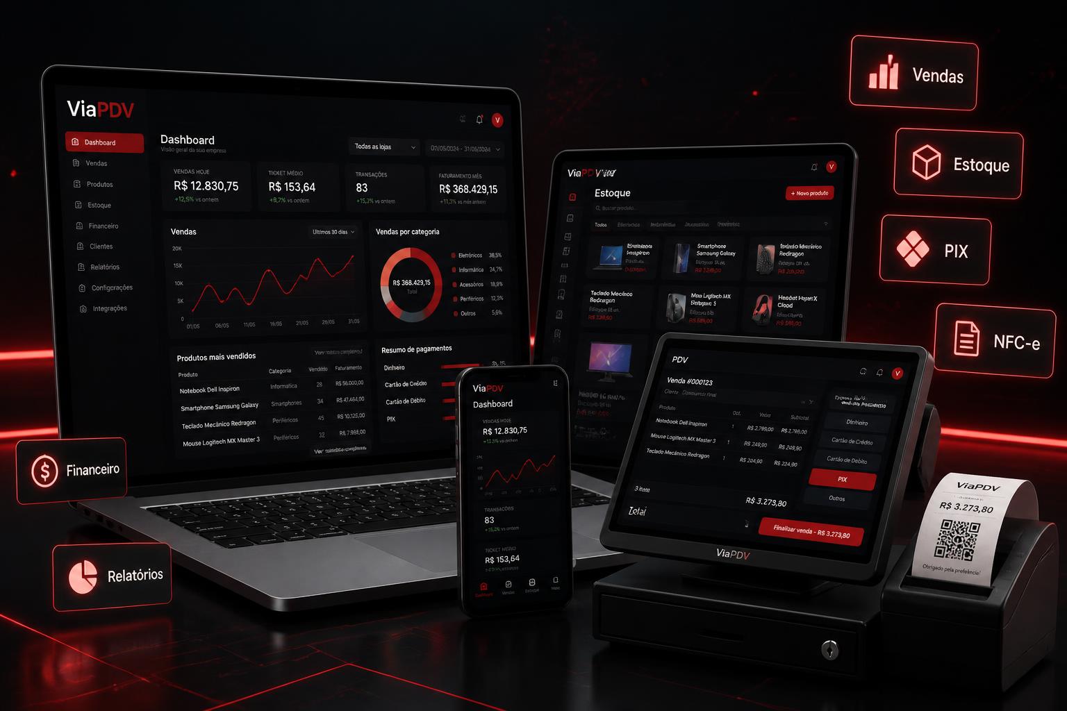 ViaPDV exibido em notebook, tablet, smartphone e terminal PDV
